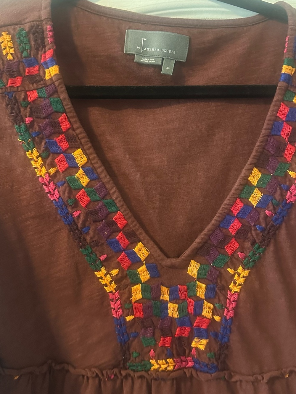 Anthropologie Brown V-Neck Top with Multicolor Embroidery